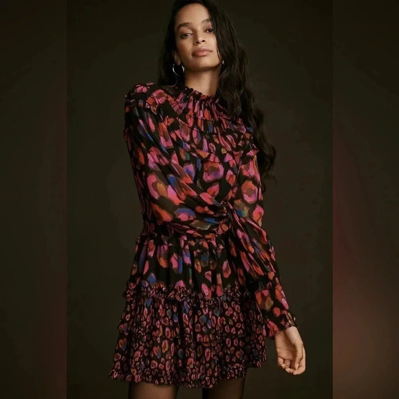 Farm Rio Anthropologie Iridescent Leopards Black Ruffled Dress - Size Small